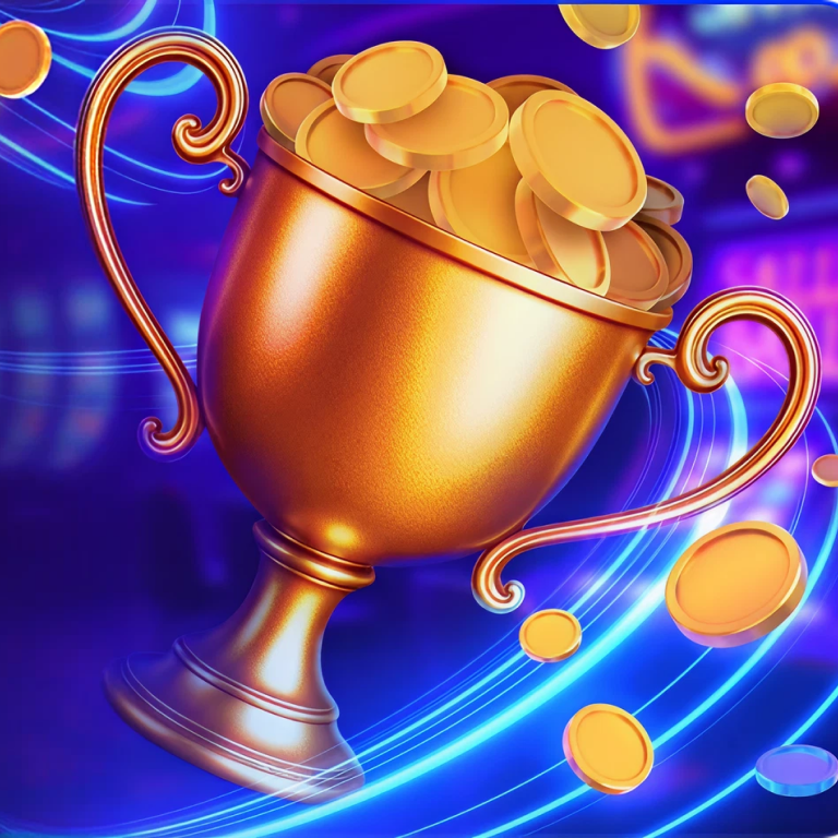 Loyalty badge with tiered stars above a pile of gold and sweeps coins